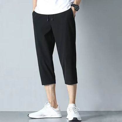 2025 New Summer Men's Ice Silk Pants Hong Kong Style Trendy Loose-Fit Straight-Leg Cropped Pants Korean Version Casual Pants