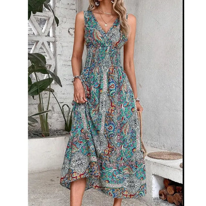 New Fashion Elegant High Waisted Sleeveless Boho Dress Summer Women Print V Neck Casual Long Dresses For Women Robe Femme