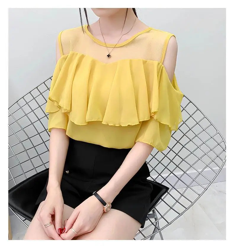 Off Shoulder Sexy Chiffon Blouses Women 2025 Summer Korean Fashion Clothes Ruffles Slim Sweet Ladies Casual Lace Tops Shirts Y2k