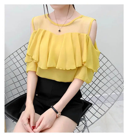 Off Shoulder Sexy Chiffon Blouses Women 2025 Summer Korean Fashion Clothes Ruffles Slim Sweet Ladies Casual Lace Tops Shirts Y2k