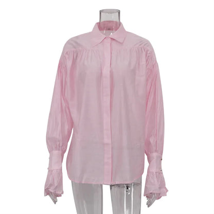 Bornladies Autumn Women's Fashionable Loose Collared Shirt Office Lady Solid Color Versatile Flare sleeve Top Long Sleeved Shirt