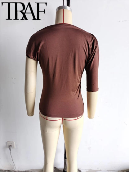 TRAF GAL 2025 Summer Thin Women Tees Short Sleeve Metal Detail Ruched Elastic Slim Asymmetric T-Shirt Female Crop Top Y2K