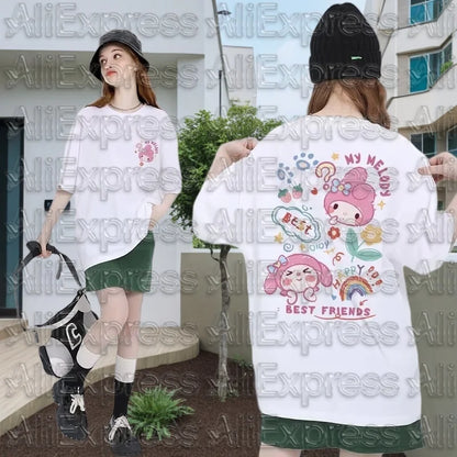 MOTO Kawaii Sanrioed Womens T-Shirt Anime Kuromi Cinnamoroll Cotton Round Neck  My Melody Kuromi Printing Tops Girls Summer
