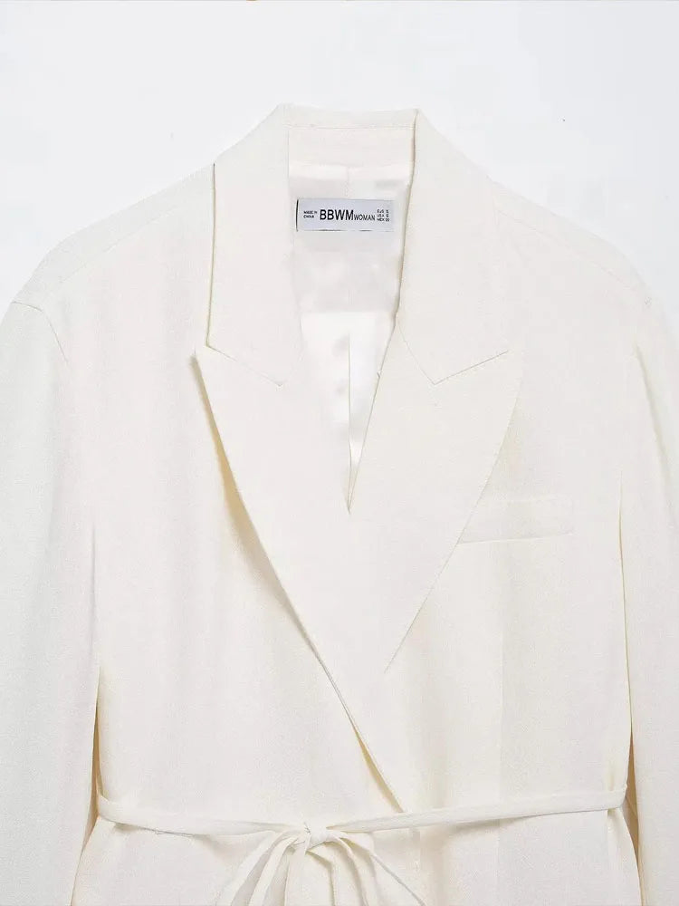 TRAFZA Women's Suits White Turn-Down Collar Long Sleeves Lace-Up Blazers+High Waist Zipper Long Pants Female Spring Fashion Sets