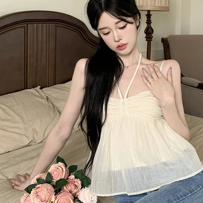 Women Crop Halter Camisole Solid Color Summer Spaghetti Strap Tank Tops Sleeveless T-Shirt for Streetwear Clubwear