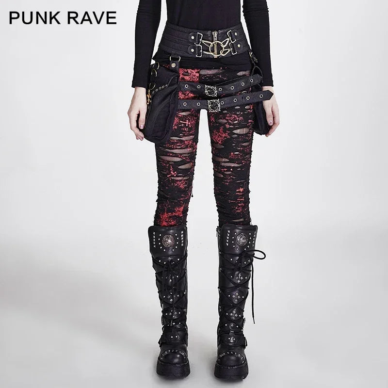 PUNK RAVE ゴシック レディース ブロークンメッシュ レギンス ハイエラスティック ホール クロシェ ブリーザブル リップドパンツ ブラック レッド スチームパンク チャーム セクシー