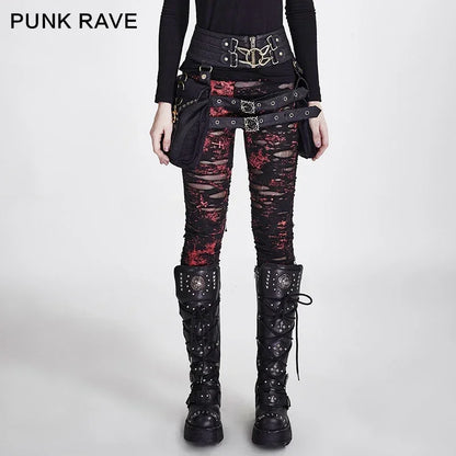 PUNK RAVE ゴシック レディース ブロークンメッシュ レギンス ハイエラスティック ホール クロシェ ブリーザブル リップドパンツ ブラック レッド スチームパンク チャーム セクシー