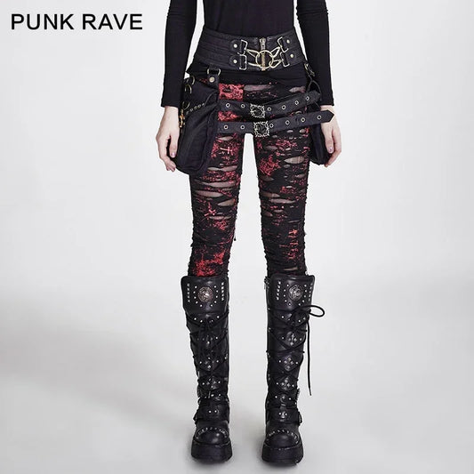 PUNK RAVE ゴシック レディース ブロークンメッシュ レギンス ハイエラスティック ホール クロシェ ブリーザブル リップドパンツ ブラック レッド スチームパンク チャーム セクシー