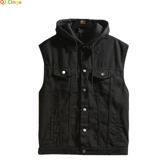 2025 Men's Spring/Summer Autumn Denim Vest Jacket Teenagers Black Leisure Hooded Vests Coat Plus Size Waistcoat M-5XL