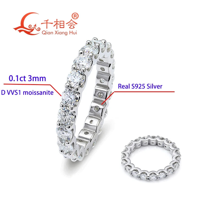 0.1ct 3mm or 2mm round D vvs moissanite full Eternity Band ring 925 Sterling Silver Jewelry women Engagement gift party dating