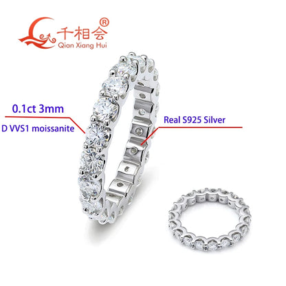 0.1ct 3mm or 2mm round D vvs moissanite full Eternity Band ring 925 Sterling Silver Jewelry women Engagement gift party dating