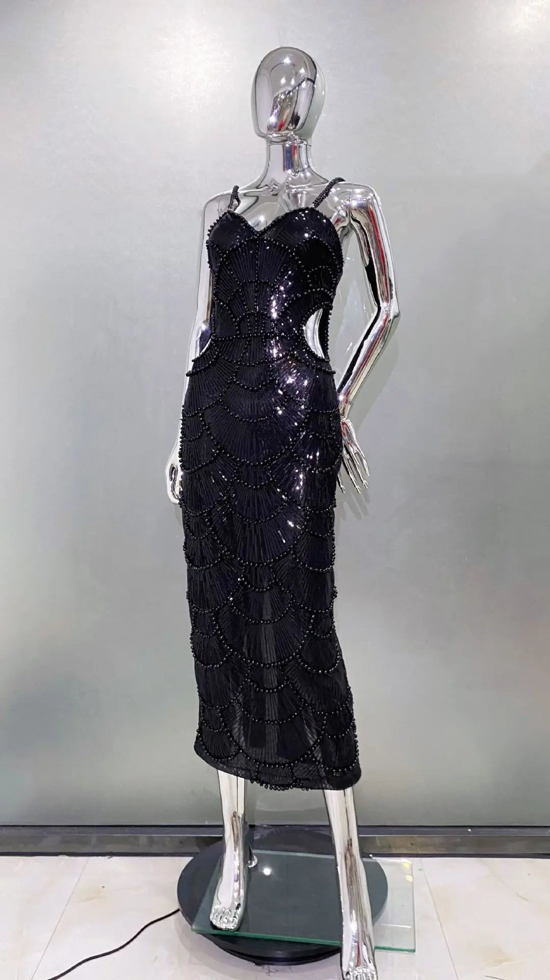 Deluxe Exquisite Sequin Beaded Sexy Hollow Suspender Dress Celebrity Birthday Party Dinner Dress Sweet Date Prom Dress