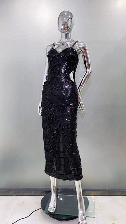 Deluxe Exquisite Sequin Beaded Sexy Hollow Suspender Dress Celebrity Birthday Party Dinner Dress Sweet Date Prom Dress