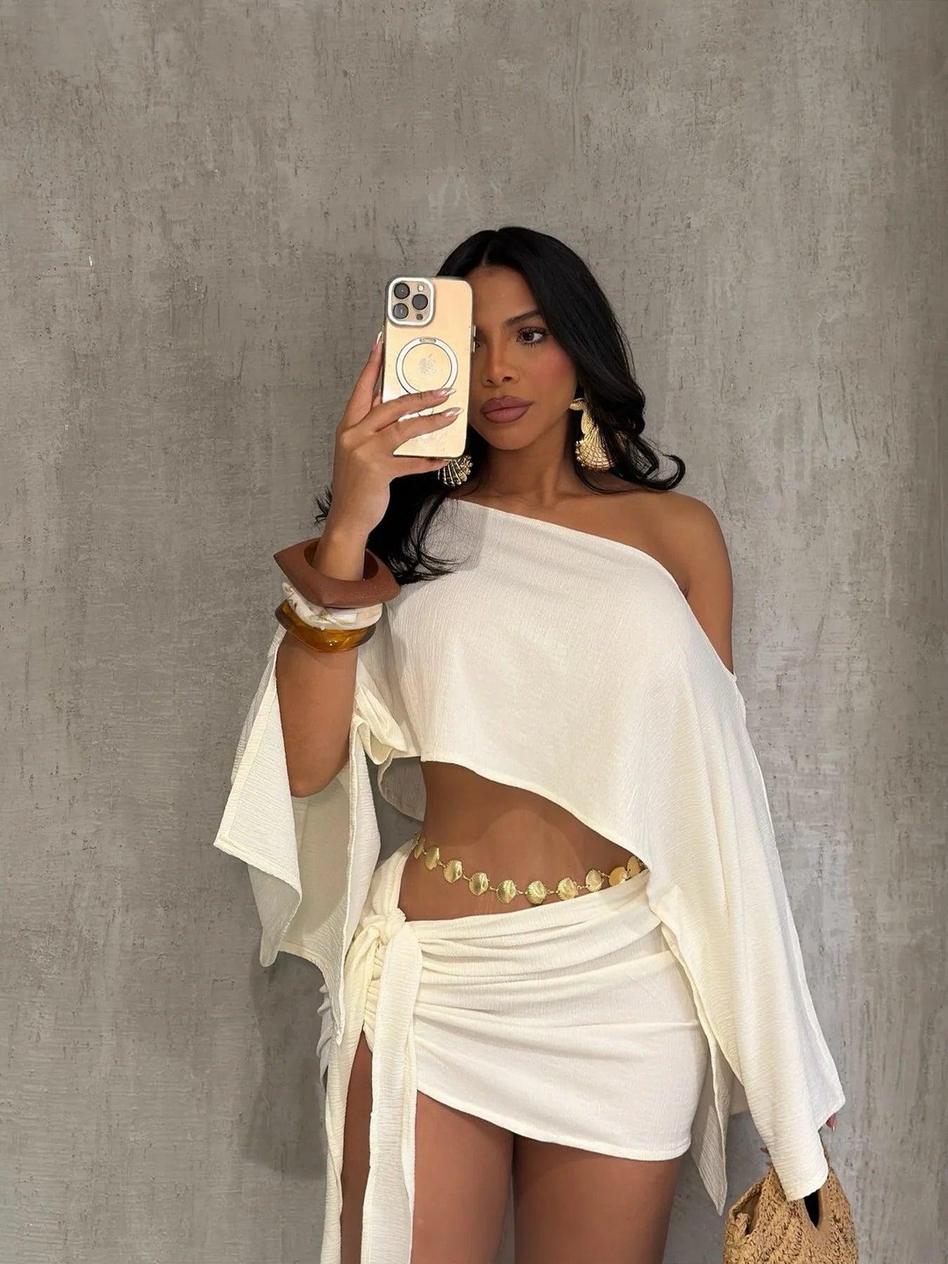 HLJ Elegant Off Showlder Two Piece Outfits Woman Summer One Shoulder Flared Sleeve Loose Crop Top and Skirt Suit Streetwear New