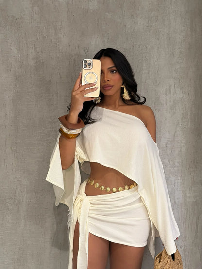 HLJ Elegant Off Showlder Two Piece Outfits Woman Summer One Shoulder Flared Sleeve Loose Crop Top and Skirt Suit Streetwear New