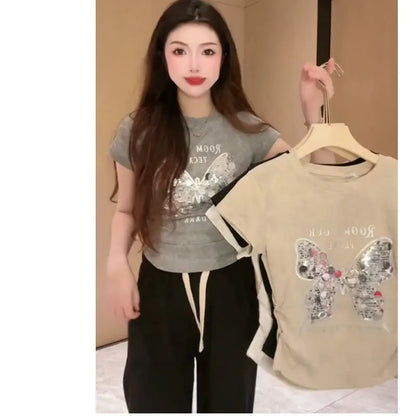 Sequin Butterfly Short Sleeved Full Shoulder T-shirt Women 2024 Summer New Casual Fashion Pleated Waist Slimming Top