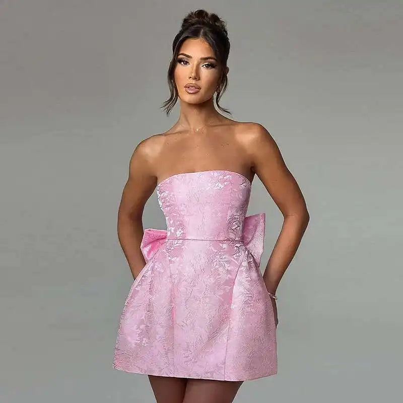 Giyu Club Evening Party Dresses Women 2025 Summer Sexy Bow Halter Long Dress Elegant Jacquard Lace Up Backless Birthday Robe