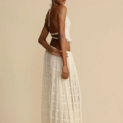 2024 Summer Party Elegant Women Beach Skirt Suit Sleeveless Backless Cropped Halter Lace Up Tops And Long Skirts Two Piece Sets