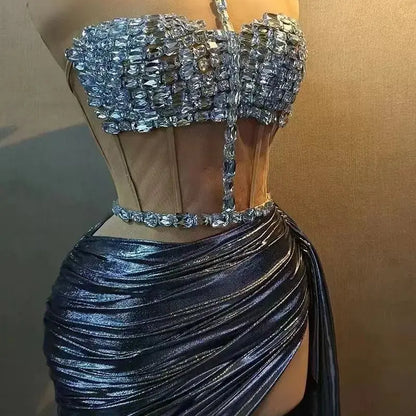 Sparkly Rhinestones Top Skirt Two Pieces Set for Women Sexy Celebrate Evening Prom Birthday Photography Shoot Dress