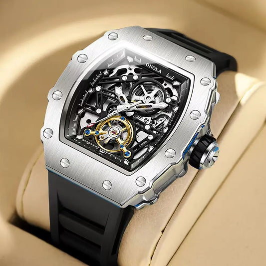 ONOLA  Automatic Movement New 3854 Tourbillon Waterproof Silicone Strap Tonneau Mechanical Watches for Men Relogio Masculino