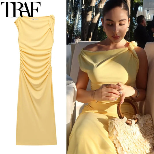 TRAF Asymmetrical Long Dresses 2025 Woman Sleeveless Yellow Midi Dress Ruched Bodycon Party Dresses Women Slit Elegant Dress 088