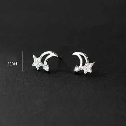 SOFTPIG Real 925 Sterling Silver Zircon Star Moon Stud Earrings For Women Classic Fine Jewelry Minimalist Accessories