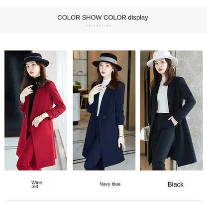 2022 Winter High-end Women's Business Suit Pants Two-piece Set Temperament Slim Solid Color Lady Double Breasted Trench Coat