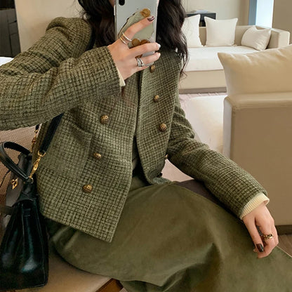 HELIAR Office Lady Elegant Tweed Jackets Korean Fashion Simple Coat Women Casual O Neck Pockets All Match Autumn Winter Outwear