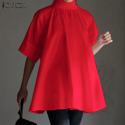 ZANZEA Elegant Women High Collar Half Sleeve Blouse Summer Casual Loose Shirt Fashion Work OL Tops Female Party Blusas Chemise