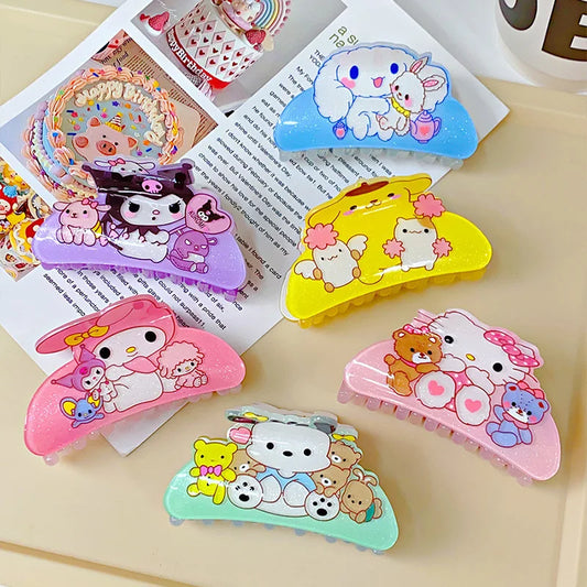 Anime Sanrio Kuromi Acrylic Clip Hello Kitty Cinnamoroll Hairpin Melody Pochacco Pompompurin Clip Girl Hairpin Shark Hair Clips
