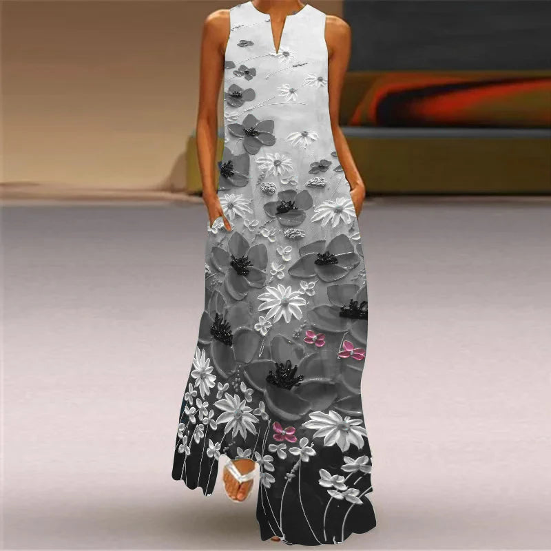 New Floral Pattern Women Long Dresses Summer Sleeveless 3d Flower Printed Street Ladies Maxi Dress 3XL Plus Size Casual Dress
