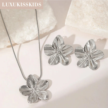 LUXUKISSKIDS 2PC Women's Fashion Trendy Stainless Steel Flower Earrings Necklace Set Gold-Plated Jewellry Party Dressing Gifts