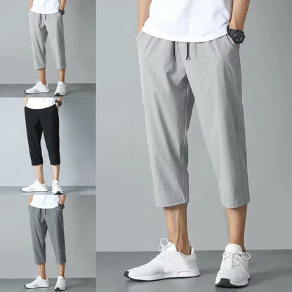 2025 New Summer Men's Ice Silk Pants Hong Kong Style Trendy Loose-Fit Straight-Leg Cropped Pants Korean Version Casual Pants