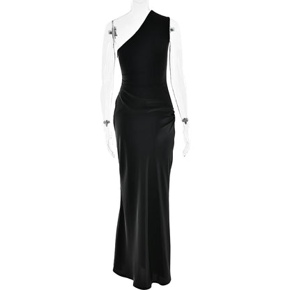JULISSA MO Patchwork Satin Sexy One Shoulder Women Maxi Dress Brown Sleeveless Evening Dress Summer Slim Elegant Party Clubwear