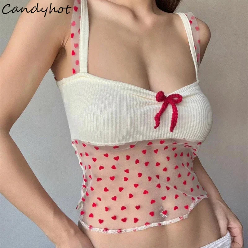 Candyhot Sexy Bow Casual Y2K Women's Top Summer Gauze Aesthetic Printed Tank Top Perspective Sleeveless Sling Women's Clothing