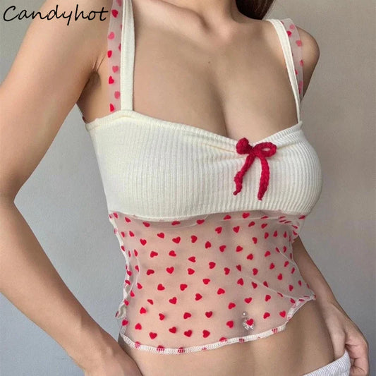 Candyhot Sexy Bow Casual Y2K Women's Top Summer Gauze Aesthetic Printed Tank Top Perspective Sleeveless Sling Women's Clothing