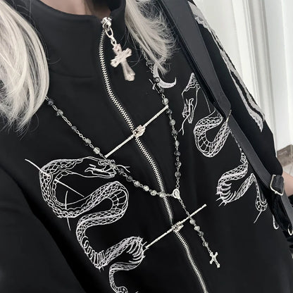 ストリートウェア パンク パーカー コート レディース 服 プリント ジッパー 半袖 スウェットシャツ カジュアル ファッション 夏 オーバーサイズ パーカー Y2K トップス