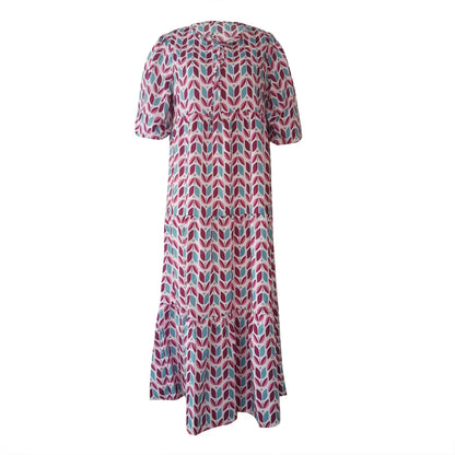 Women's Summer Casual Fashion Geometric Print Neckline Lace-up Bubble Middle-sleeves Ruffle Stitching Big Swing Long Losse Dress