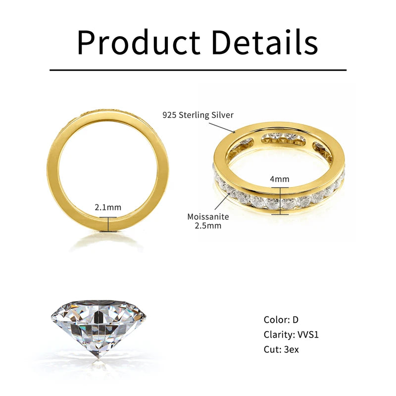RAPRGOLD GRA Certified Round Cut Moissanite Rings for Women S925 Silver Groove Inlaid Wedding Ring Eternity Band Anillos Hombre