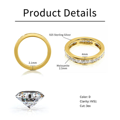 RAPRGOLD GRA Certified Round Cut Moissanite Rings for Women S925 Silver Groove Inlaid Wedding Ring Eternity Band Anillos Hombre