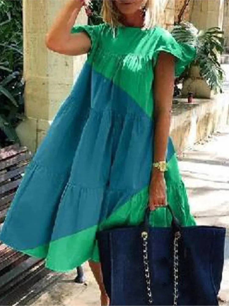 Summer Fashion Boho Print Dress Lady Casual O-Neck Pullover Ruffles Short Sleeve Loose Dresses For Women Holiday Beach Dress New