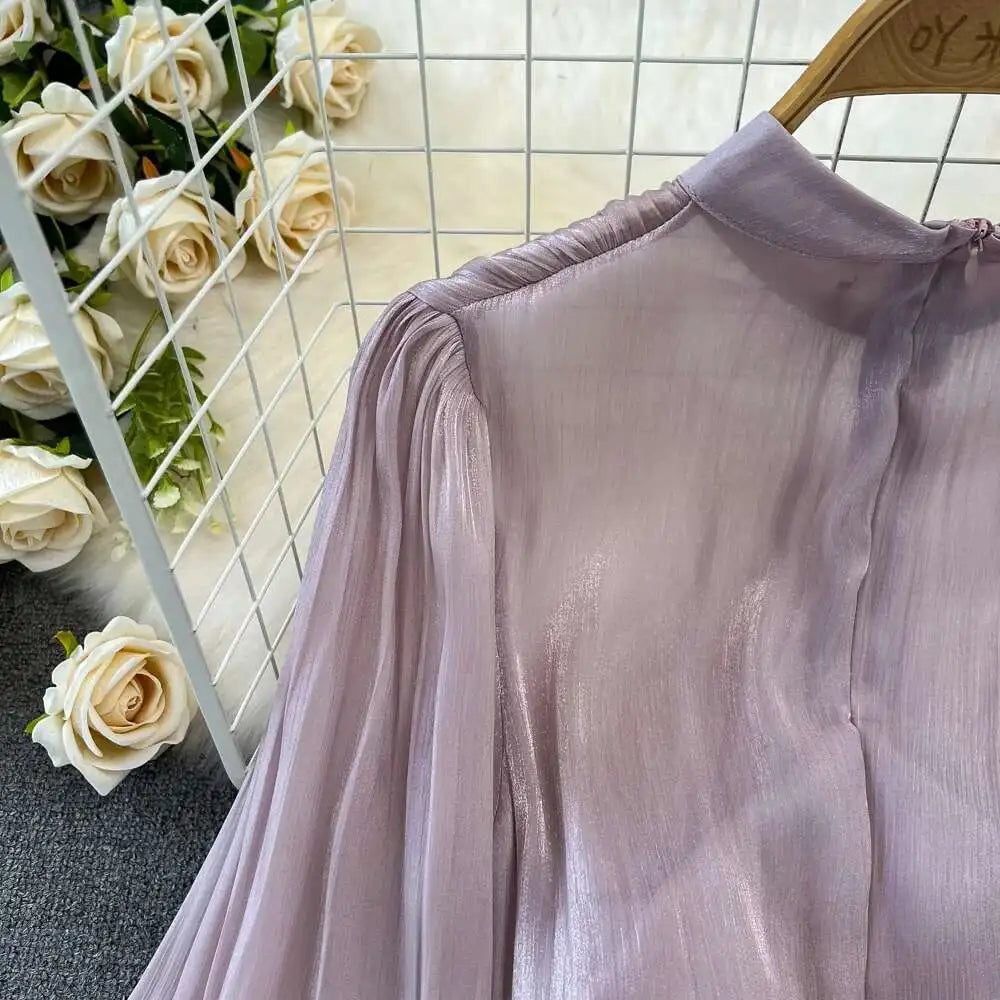 Elegant Long Sleeve Midi Party Dresses Women Summer Autumn Bright Faux Silk Retro Solid Evening Party Vestidos