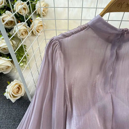 Elegant Long Sleeve Midi Party Dresses Women Summer Autumn Bright Faux Silk Retro Solid Evening Party Vestidos