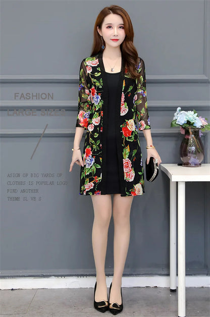2024 Female Mid Length Large Size Sun Protection Cardigan Tops Coat Women Summer Gauze Lace Print Thin Sun Sunscreen Jacket 5XL