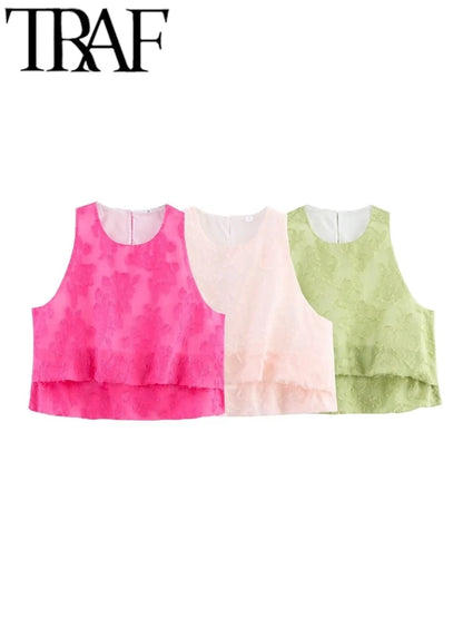 TRAF GAL 2025 Summer Lightweight Women Tanks Sleeveless O Neck Jacquard A Line Female Crop Top Casual Ball Gown Vest Y2K