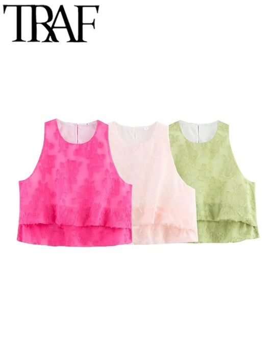 TRAF GAL 2025 Summer Lightweight Women Tanks Sleeveless O Neck Jacquard A Line Female Crop Top Casual Ball Gown Vest Y2K