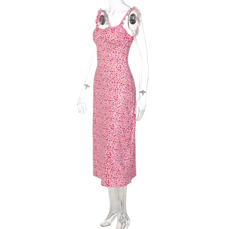 Hbenna Summer Dresses For Women Floral Print Sexy Y2K Ankle-Length Party Dresses Women Skinny Spaghetti Strap Long Dresses Pink