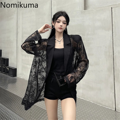 Women Clothing Summer Thin Jackets 2025 Ropa Mujer Patchwork Lace Temperament Coat Sexy Y2k Tops See Through Oversized Outwear