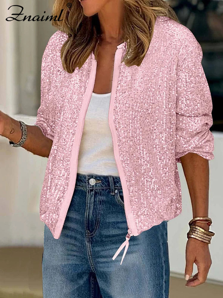 Znaiml Women Luxury Sequin Jacket Y2k Harajuku Green Color Zipper Long Sleeve Short Coat Autumn Winter Ladies Night Clubwear New