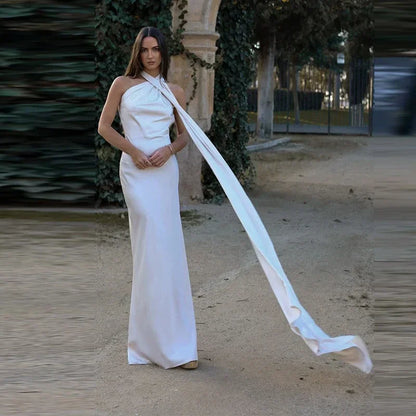 Elegant Satin Ribbon Halter Backless Sleeveless Dress for Women Slim Fit Party Evening Robes Lady Solid Color Autumn Summer 2025